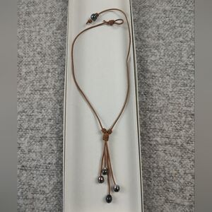 Brown Leather Cord Necklace Tahitians Pearl Bohemian Gypsy